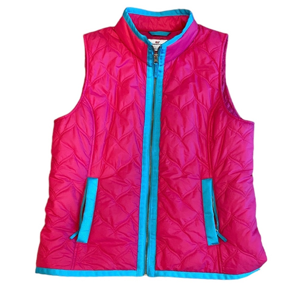 Vineyard Vines Hot Pink Quilted Puffer Vest Coat Whale L Preppy Turquoise